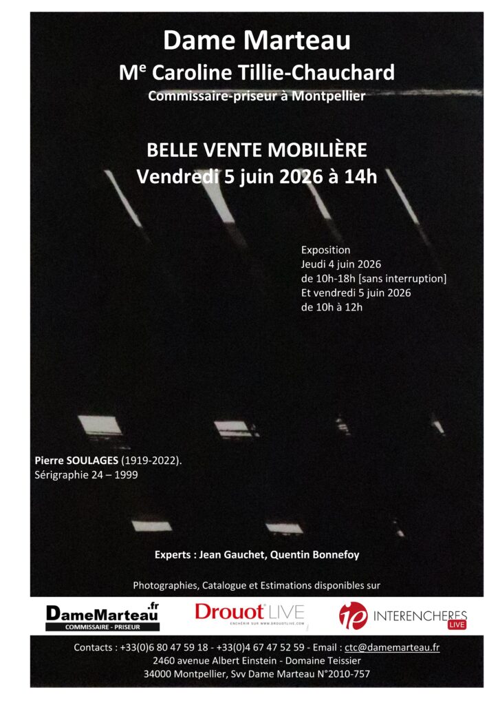 Poster announcing an exhibition: Dame Marteau, M° Caroline Tillie-Chauchar, with dates and venue in French; dark background with white text.