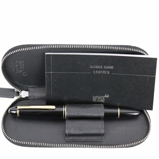 Montblanc pen set in a black leather zip case with a service guide booklet labeled “Leather” beside the pen holder.