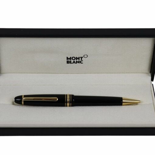 Montblanc black fountain pen with gold trim in an open white presentation box.