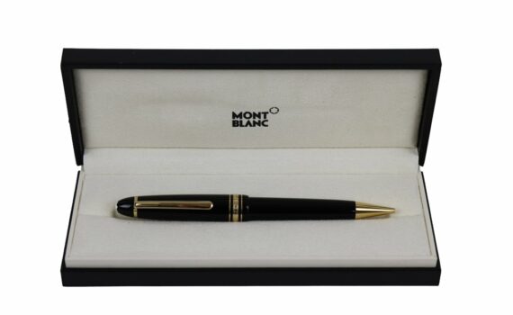 Montblanc black fountain pen with gold trim in an open white presentation box.